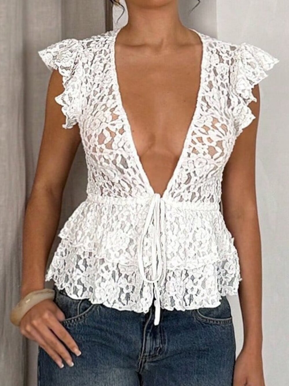White Sexy Women's Lace V-Neck Ruffle Trim Tie Detail Blouse